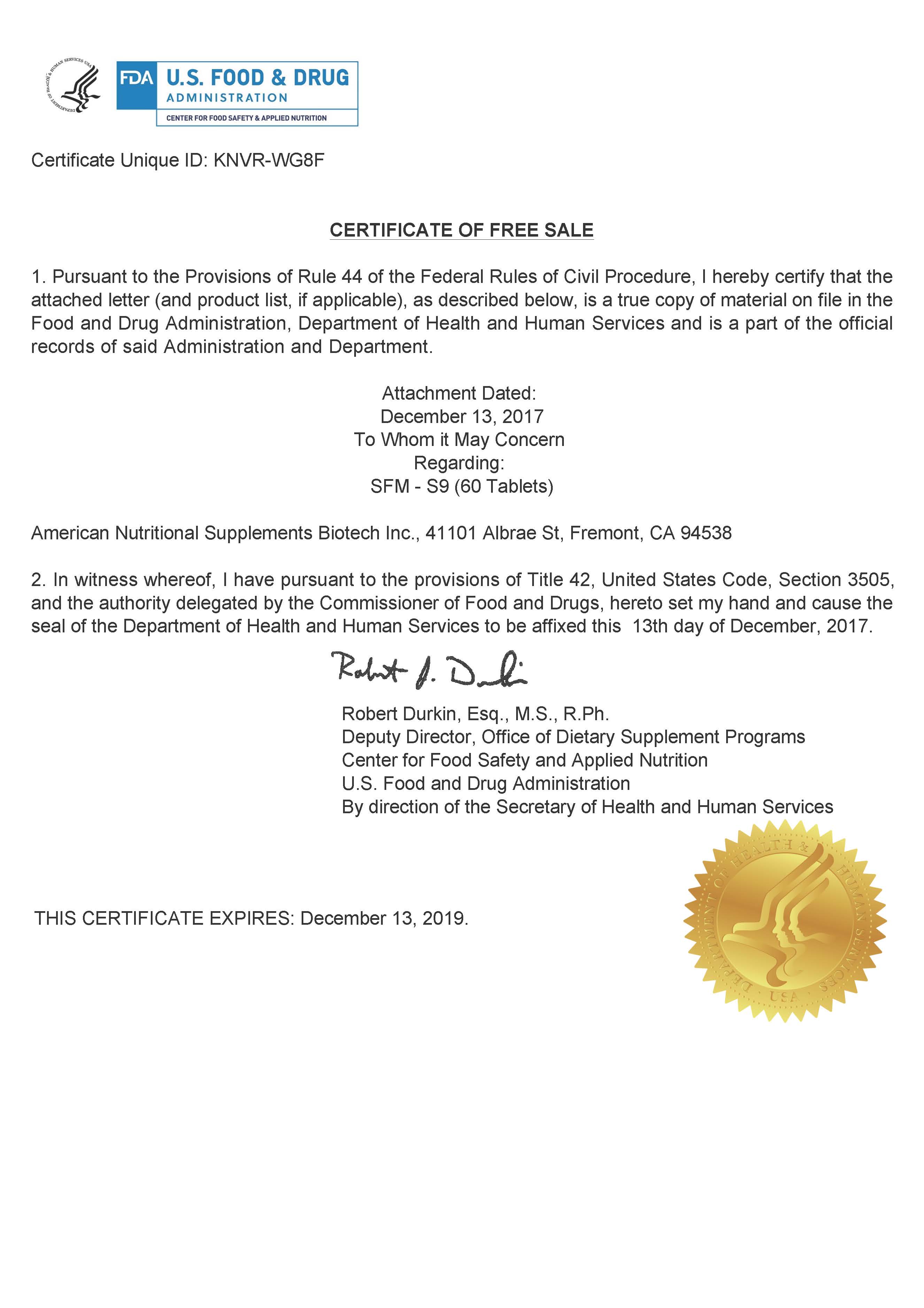 SFM-S9 Certificate of Free Sale