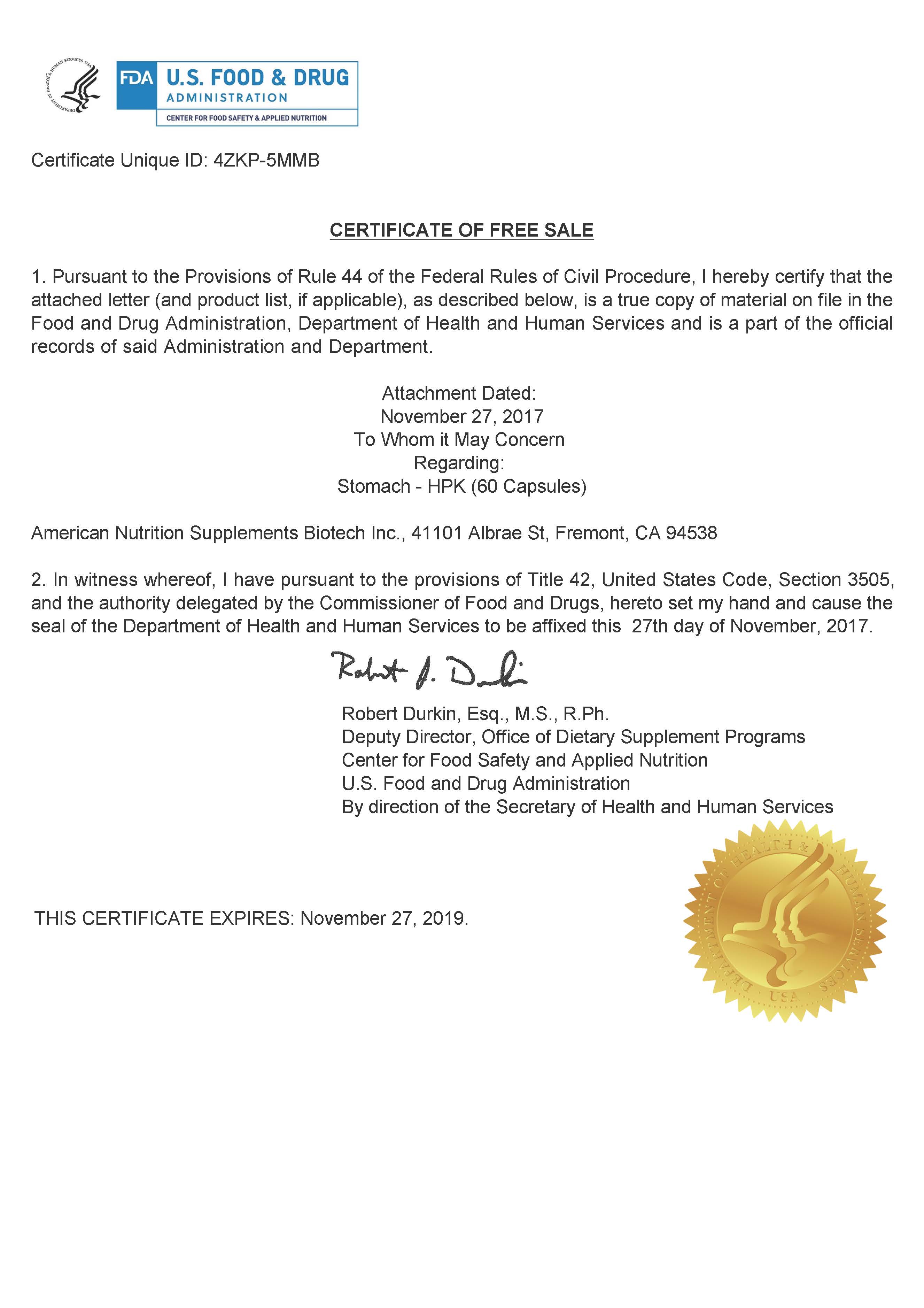 Stomach-HPK Certificate of Free Sale